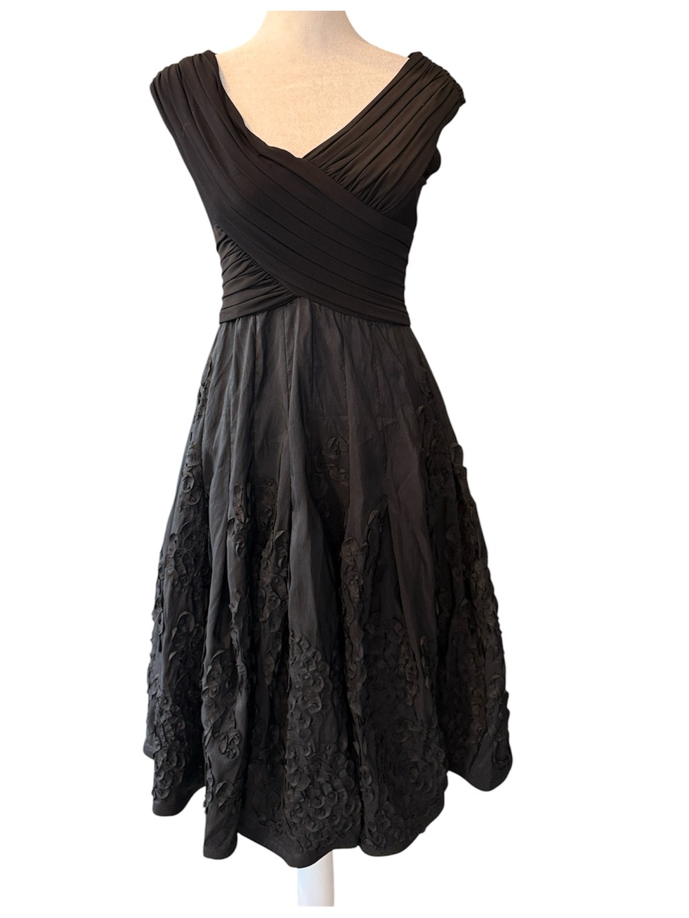 Adrianna Papell Tafetta Dress Women's Petite 4P Black Crossover Floral Cocktail